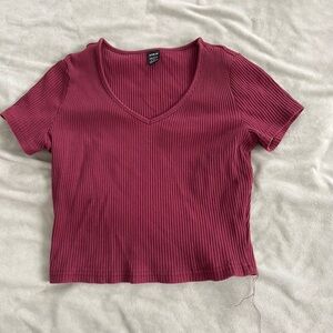 SHEIN Ribbed V-Neck Crop Top - Deep Red